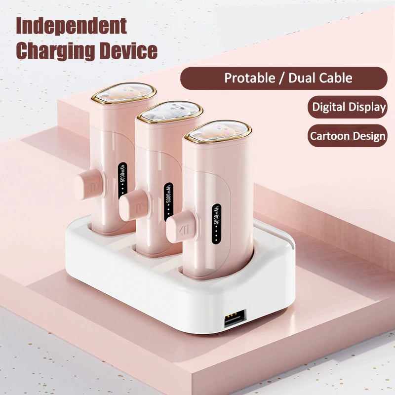 5000mAh Mini Cartoon Power Bank with Built-In Cables | Portable Fast Charger for iPhone, Xiaomi & Type-C Devices