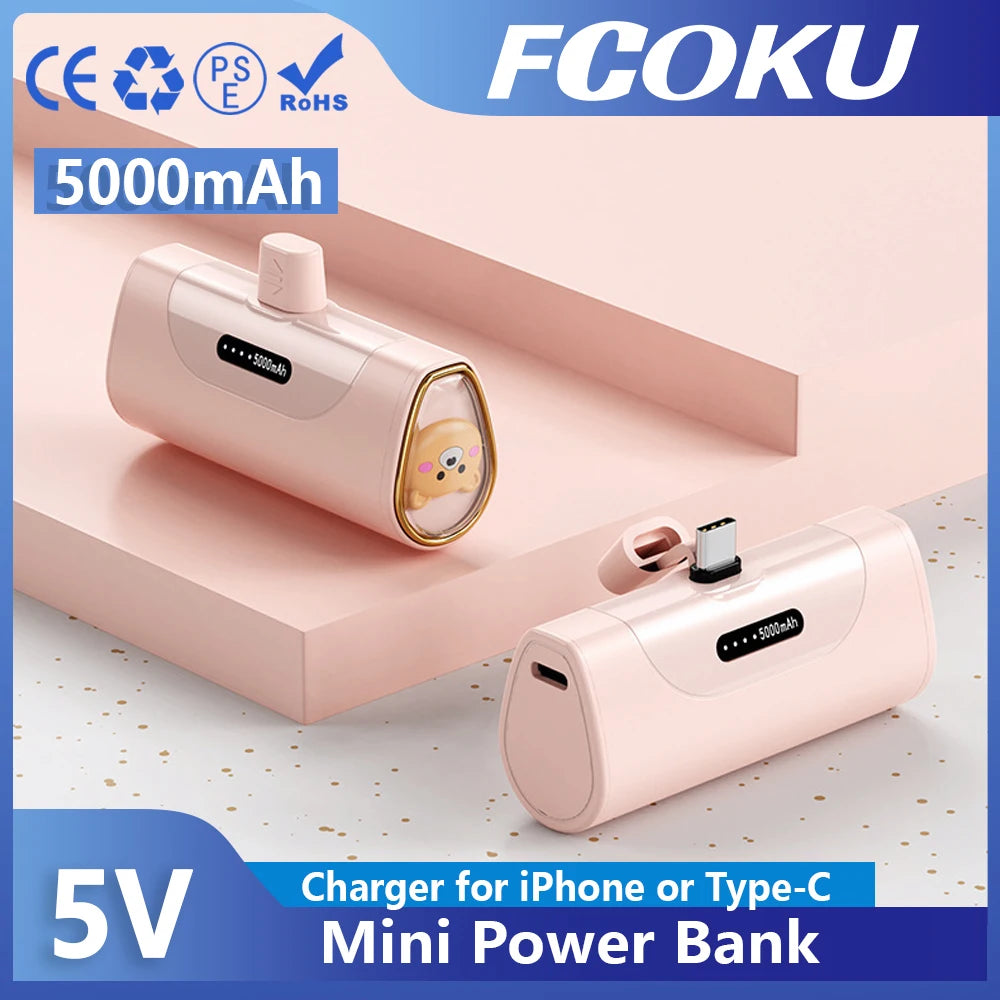 5000mAh Mini Cartoon Power Bank with Built-In Cables | Portable Fast Charger for iPhone, Xiaomi & Type-C Devices